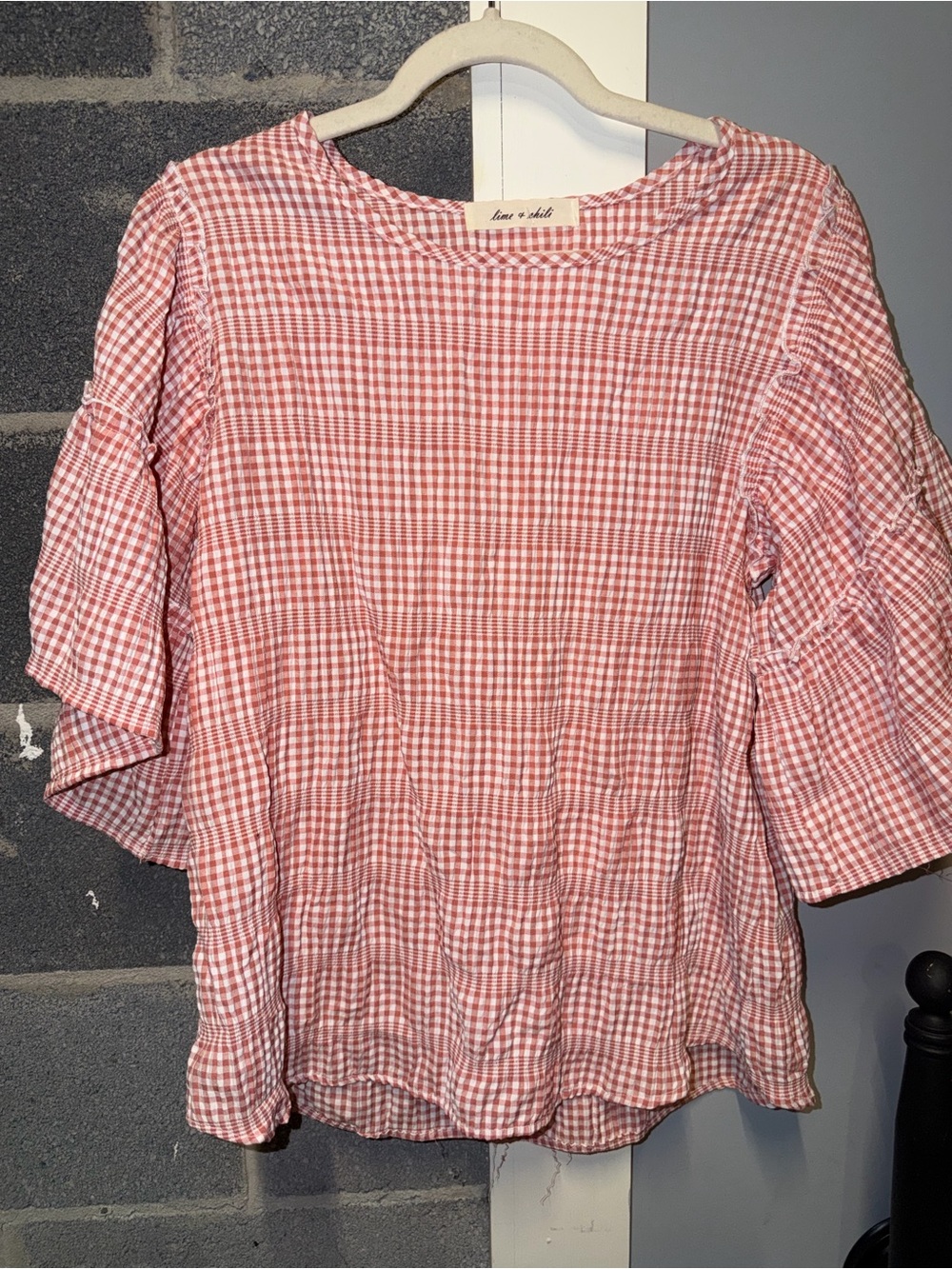 Lime & chili -A Pink Gingham Ruffle-Sleeve Blouse